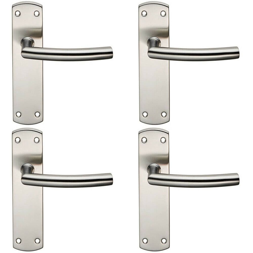 4x Curved Bar Lever Door Handle on Latch Backplate 172 x 44mm Satin Steel