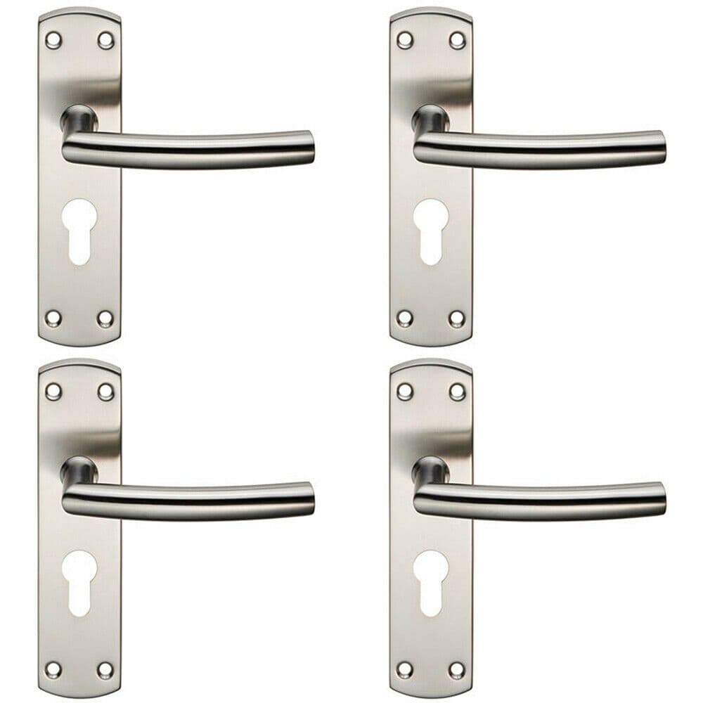 4x Curved Bar Lever Door Handle on Euro Lock Backplate 172 x 44mm Satin Steel