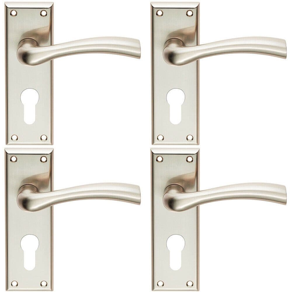 4x Chunky Curved Tapered Handle on Euro Lock Backplate 150 x 50mm Satin Nickel