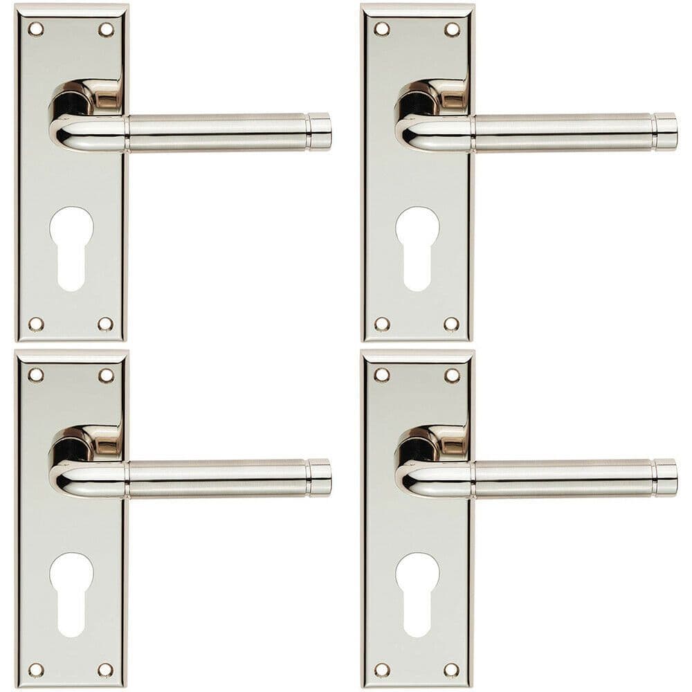 4x PAIR Round Bar Lever on Euro Lock Backplate 150 x 50mm Polished Satin Nickel