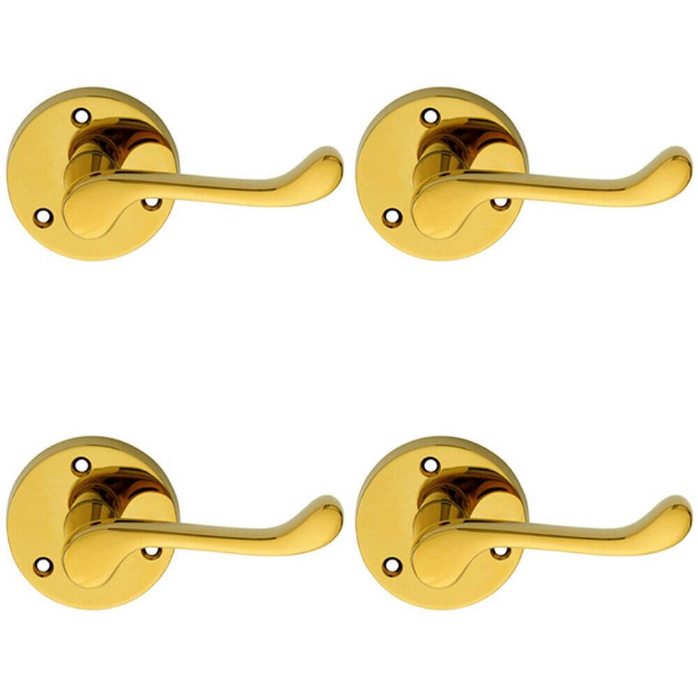 4x PAIR Victorian Scroll Lever on 58mm Round Polished Brass Door Handle