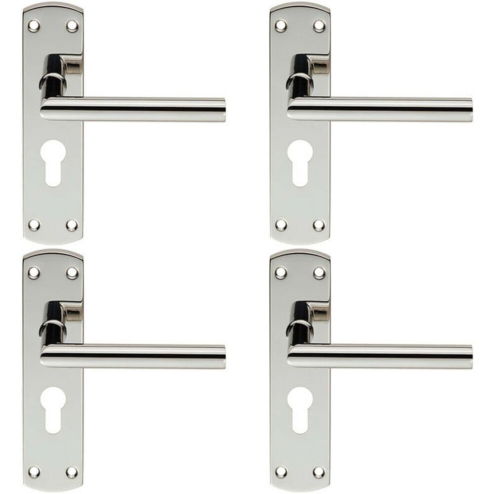 4x Mitred Lever Door Handle on Euro Lock Backplate 172 x 44mm Polished Steel