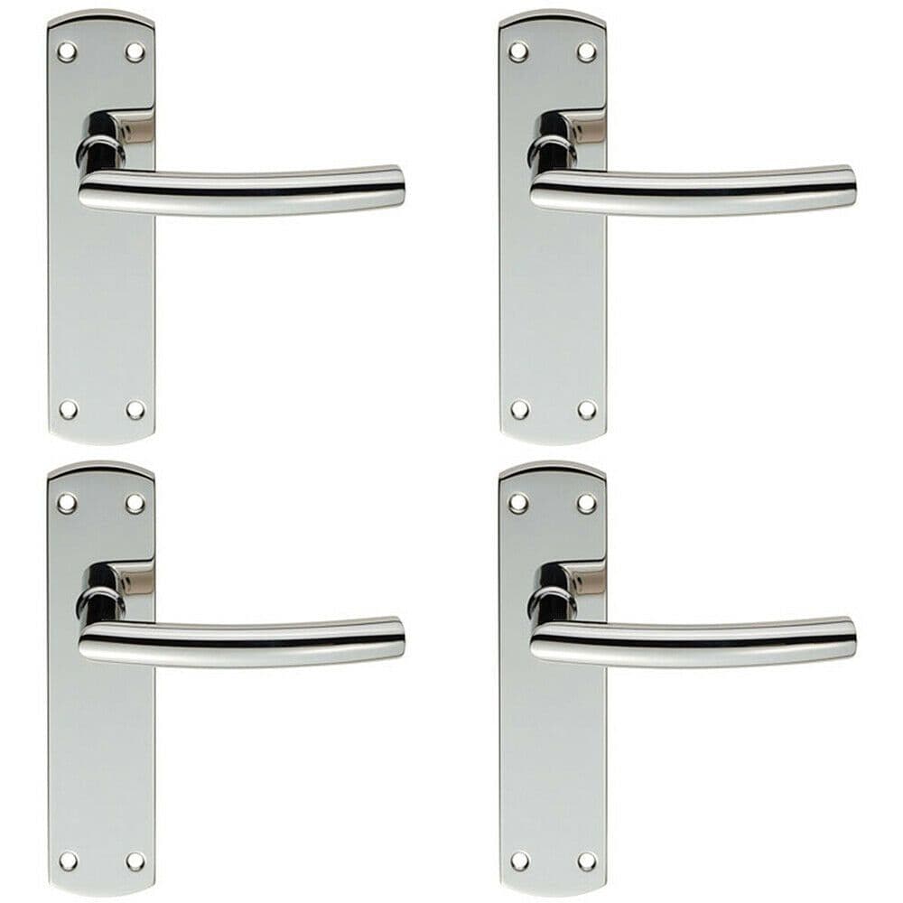 4x Curved Bar Lever Door Handle on Latch Backplate 172 x 44mm Polished Steel