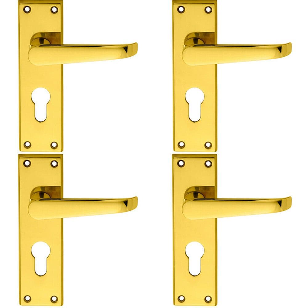 4x PAIR Straight Victorian Lever on Euro Lock Backplate 150 x 43mm Brass
