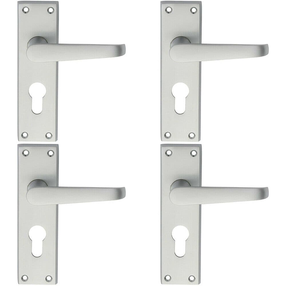 4x PAIR Straight Victorian Handle on Euro Lock Backplate 150 x 43mm Satin Chrome