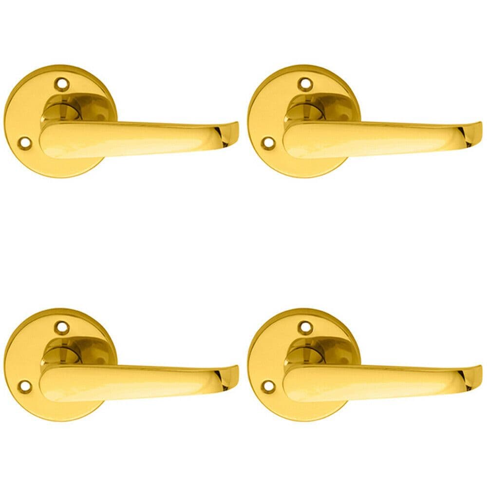 4x PAIR Victorian Straight Shaped Lever on 59mm Round Rose Polished Brass Handle