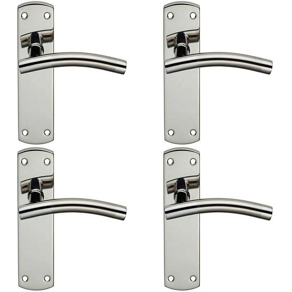 4x Curved Lever on Latch Backplate Door Handle 172 x 44mm Polished & Satin Steel