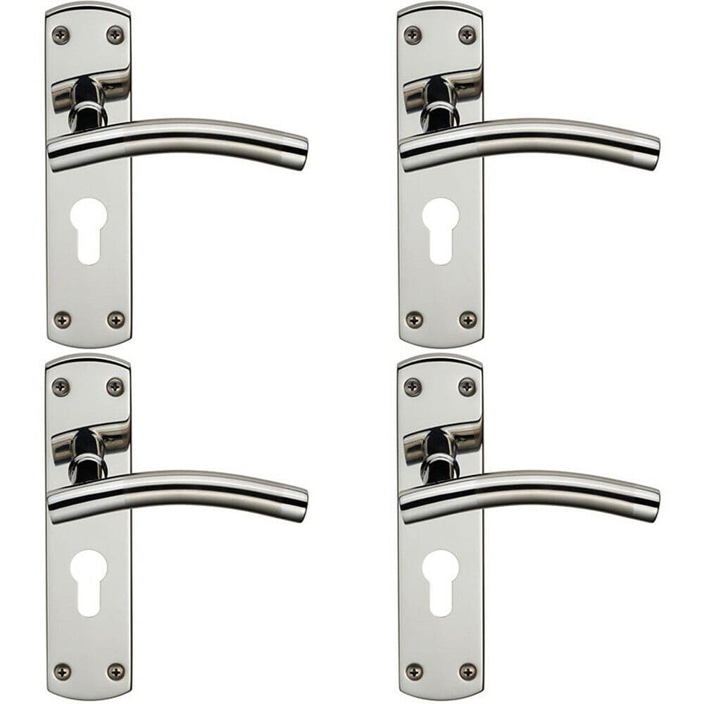 4x Curved Lever on Euro Lock Backplate Handle 172 x 44mm Polished & Satin Steel