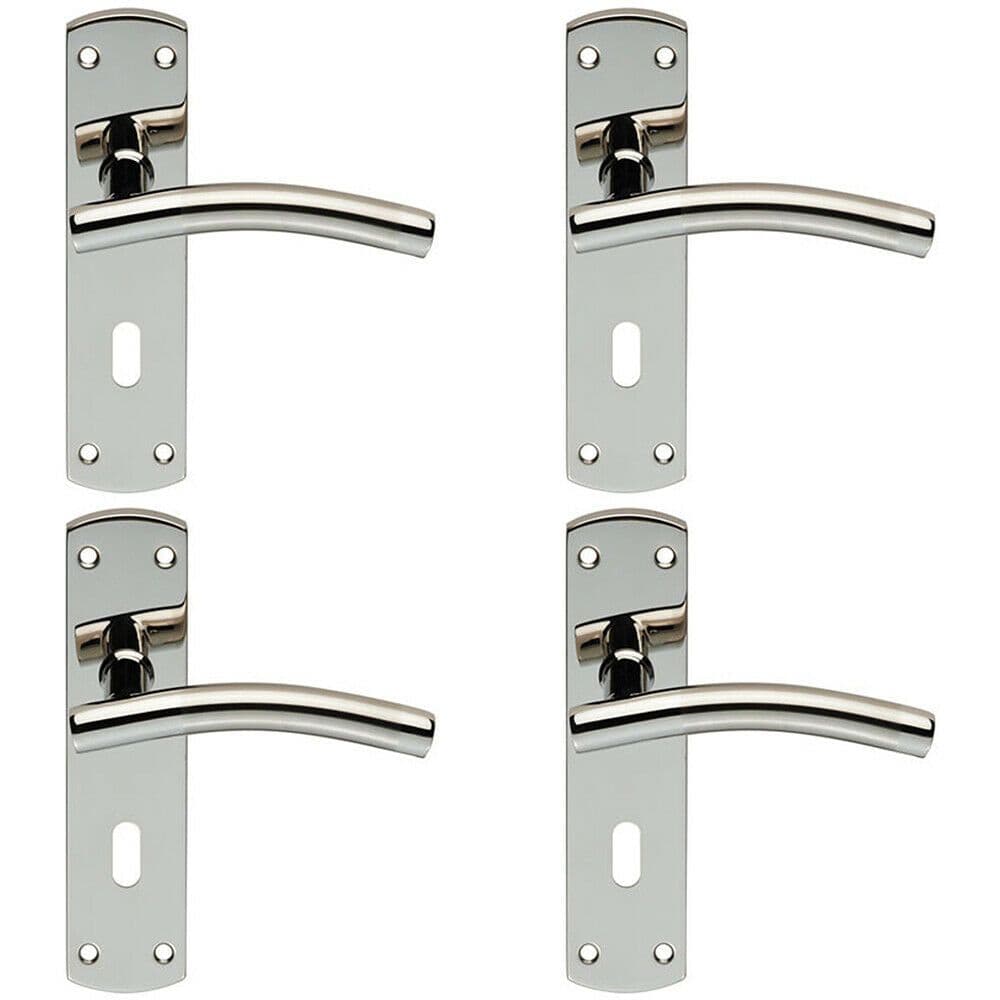 4x Curved Lever on Euro Backplate Door Handle 172 x 44mm Polished & Satin Steel