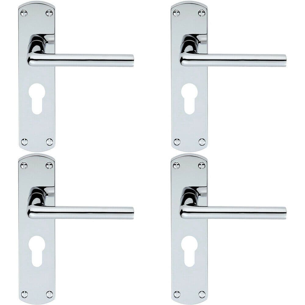 4x Rounded Straight Bar Lever on Euro Lock Backplate 170 x 42mm Polished Chrome