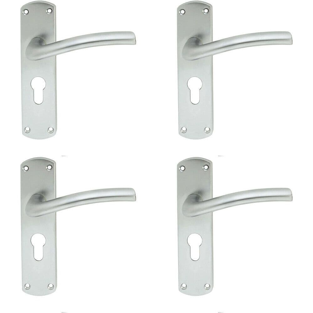 4x Rounded Curved Bar Handle on Euro Lock Backplate 170 x 42mm Satin Chrome