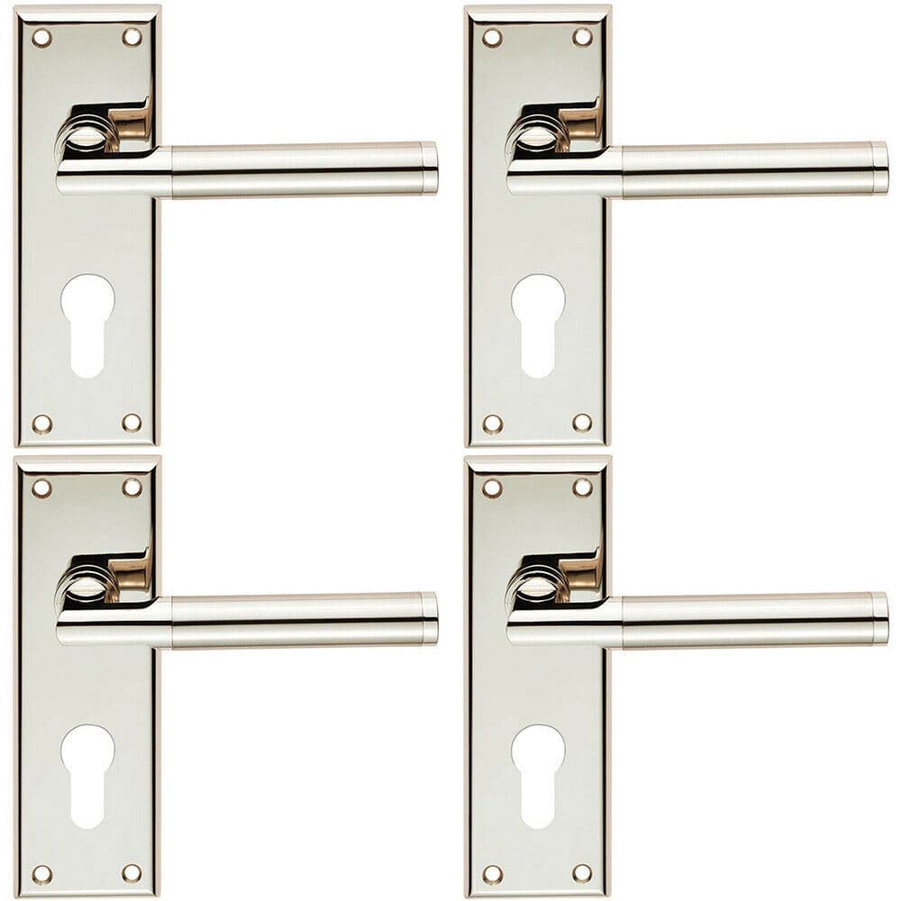 4x Round Bar Section Lever on Euro Lock Backplate 150 x 50mm Dual Nickel