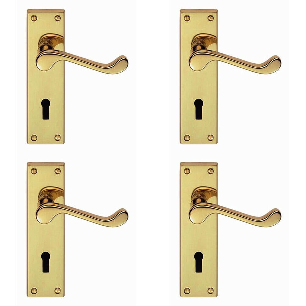 4x PAIR Victorian Scroll Handle on Lock Backplate 150 x 43mm Polished Brass