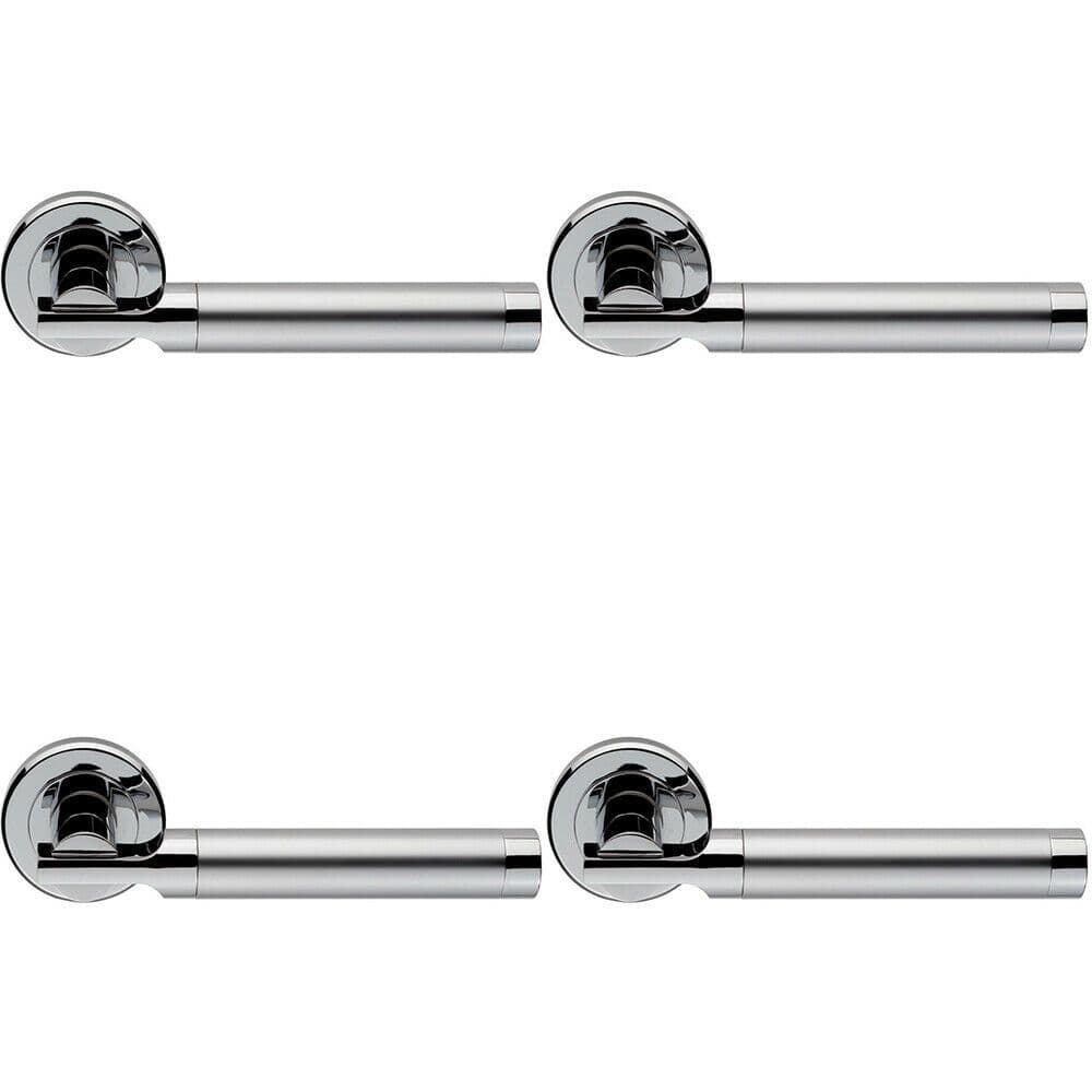 4x PAIR Round Bar Handle on Chamfered Edged Round Rose Satin & Polished Chrome