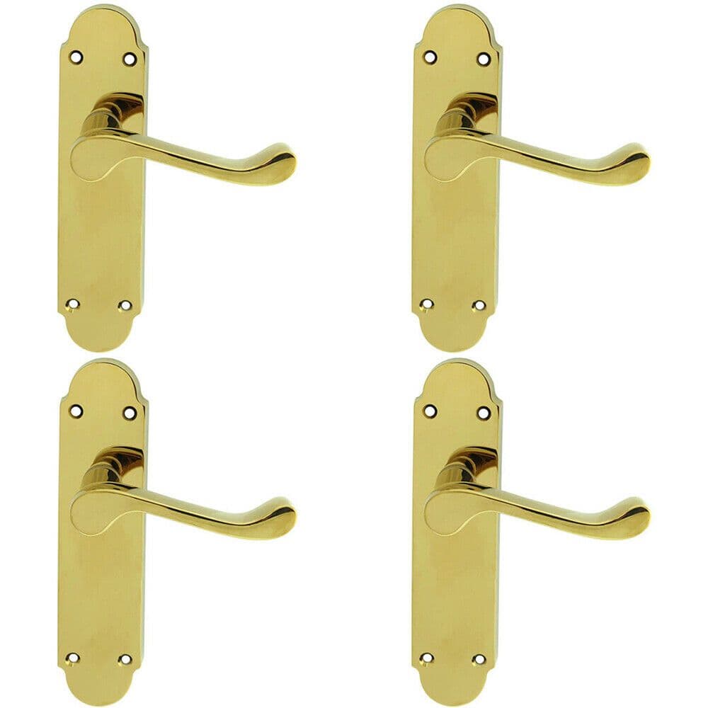 4x PAIR Victorian Upturned Handle on Latch Backplate 170 x 42mm Polished Brass