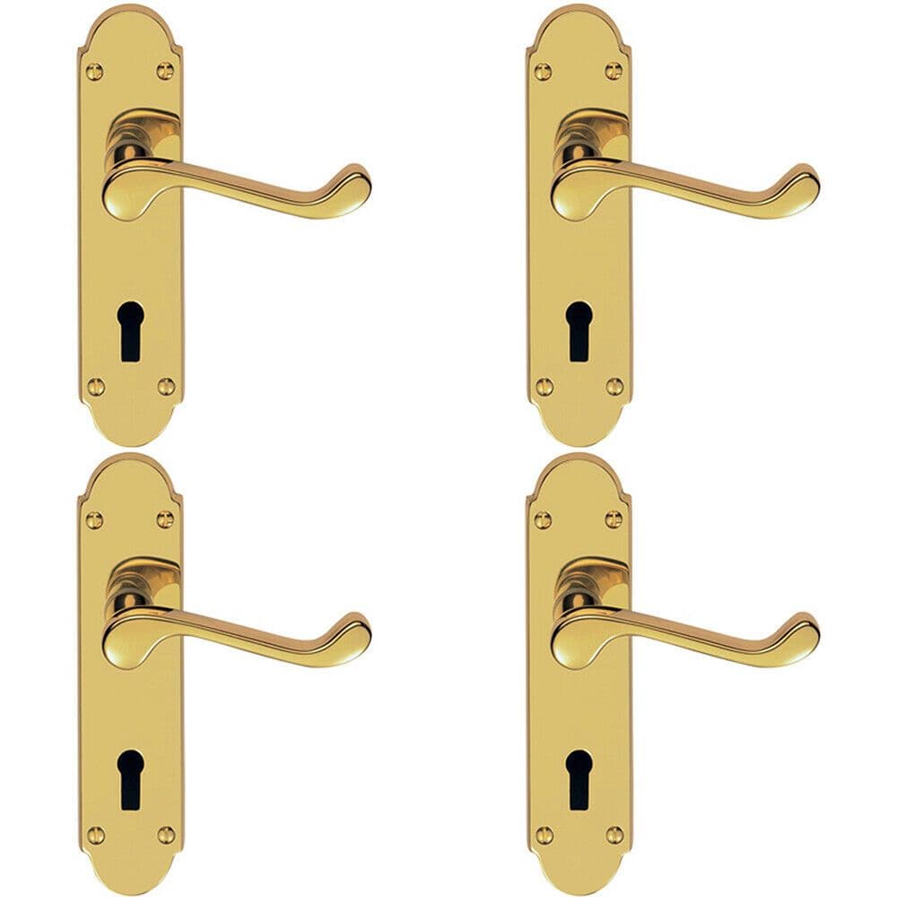 4x PAIR Victorian Upturned Handle on Lock Backplate 170 x 42mm Polished Brass