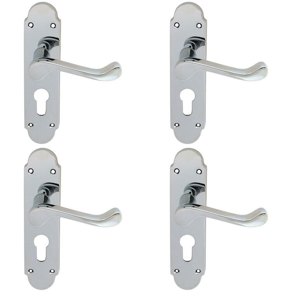 4x PAIR Victorian Upturned Lever on Euro Lock Backplate 170 x 42 Polished Chrome