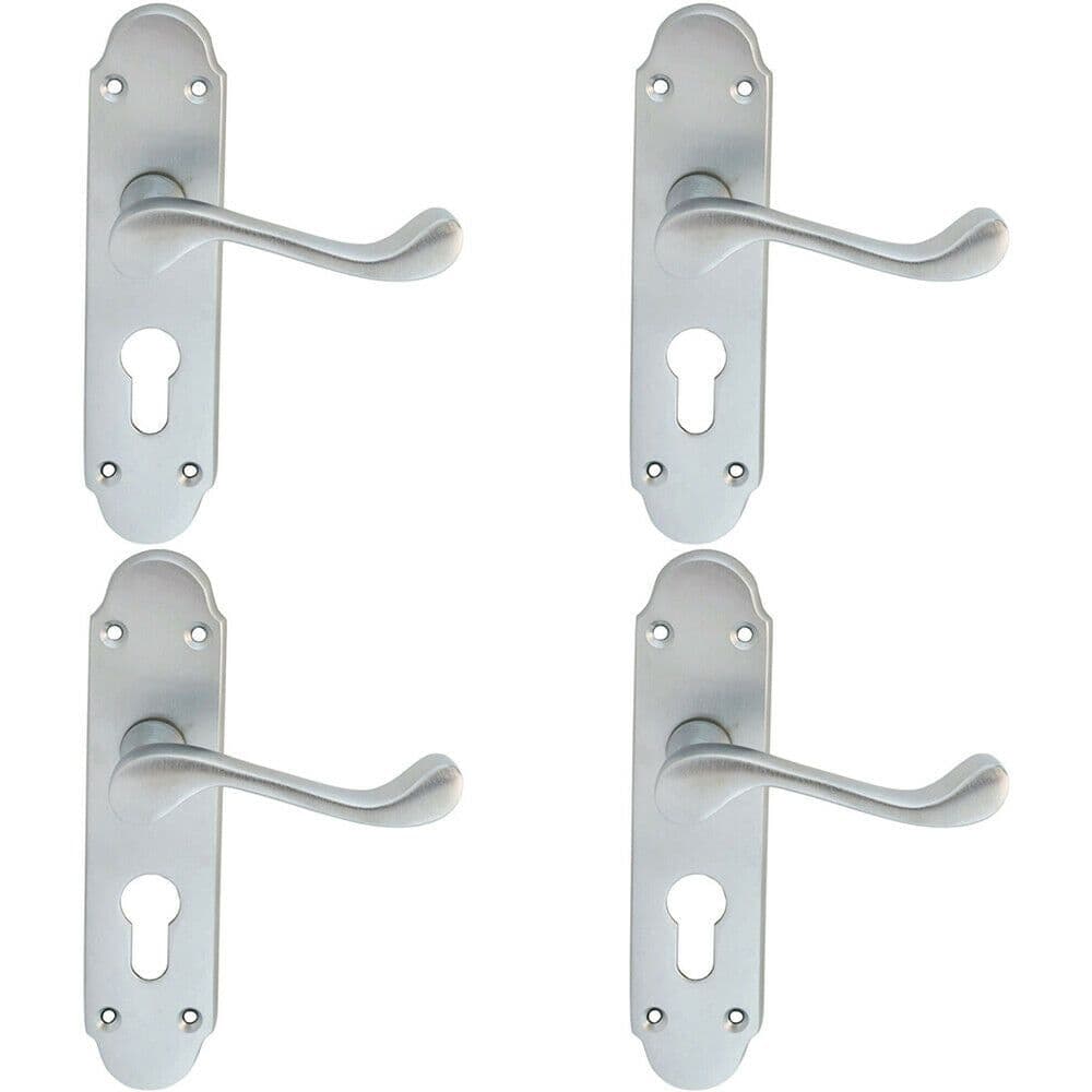 4x PAIR Victorian Upturned Handle on Euro Lock Backplate 170 x 42 Satin Chrome