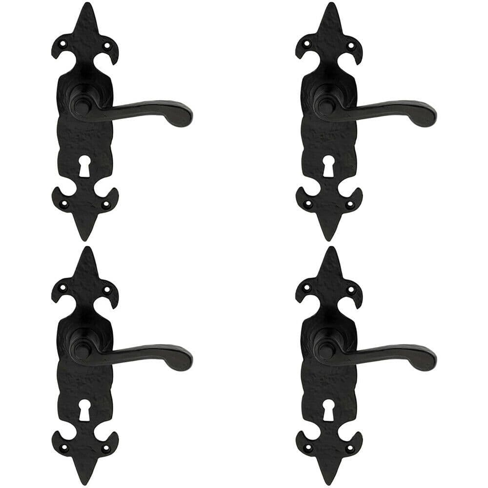 4x PAIR Forged Scroll Lever Handle on Lock Backplate 206 x 57mm Black Antique