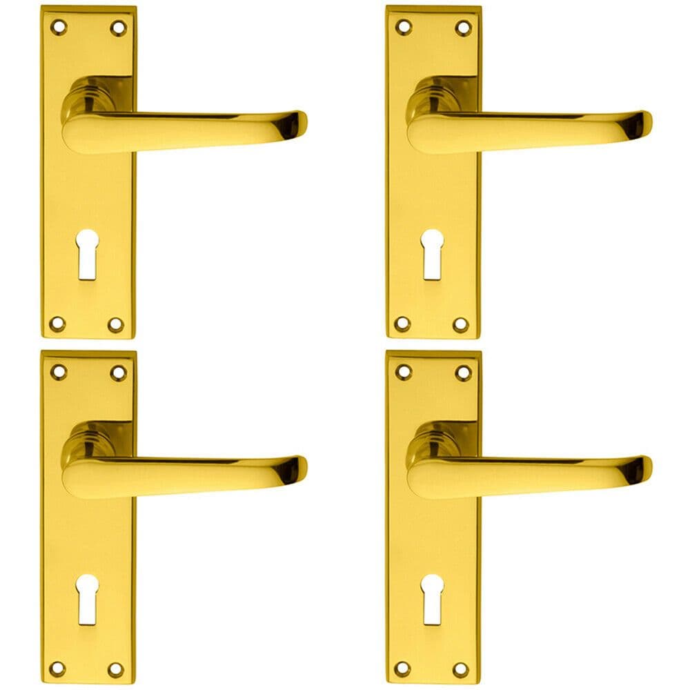 4x PAIR Straight Victorian Handle on Lock Backplate 150 x 42mm Polished Brass