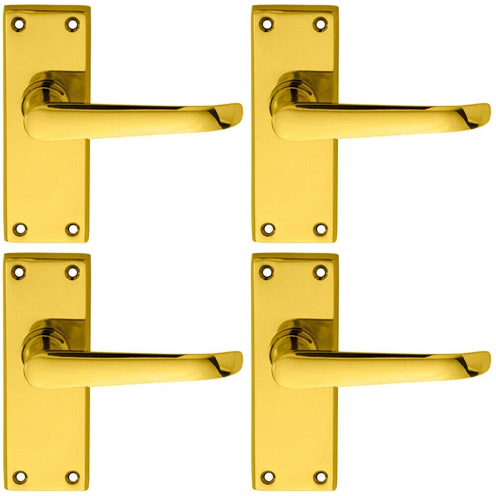 4x PAIR Straight Victorian Handle on Latch Backplate 150 x 42mm Polished Brass