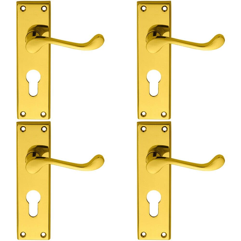 4x PAIR Victorian Scroll Lever on Euro Lock Backplate 150 x 43mm Polished Brass