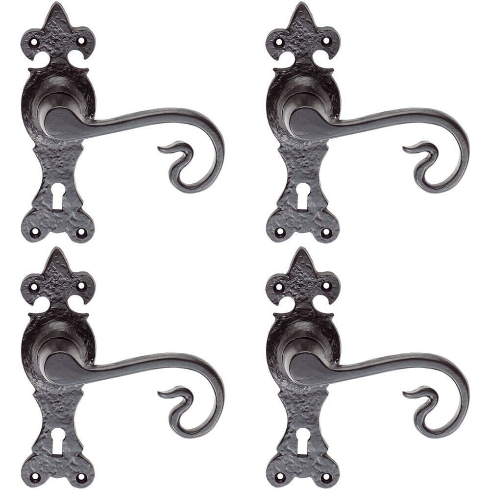 4x PAIR Forged Curled Lever Handle on Lock Backplate 167 x 51mm Antique