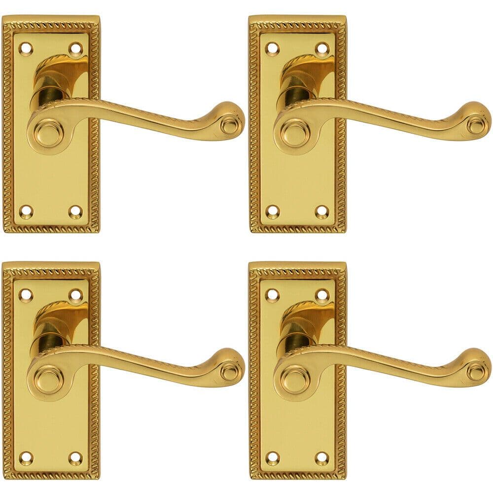 4x PAIR Reeded Design Scroll Lever on Latch Backplate 112 x 48mm Polished Brass