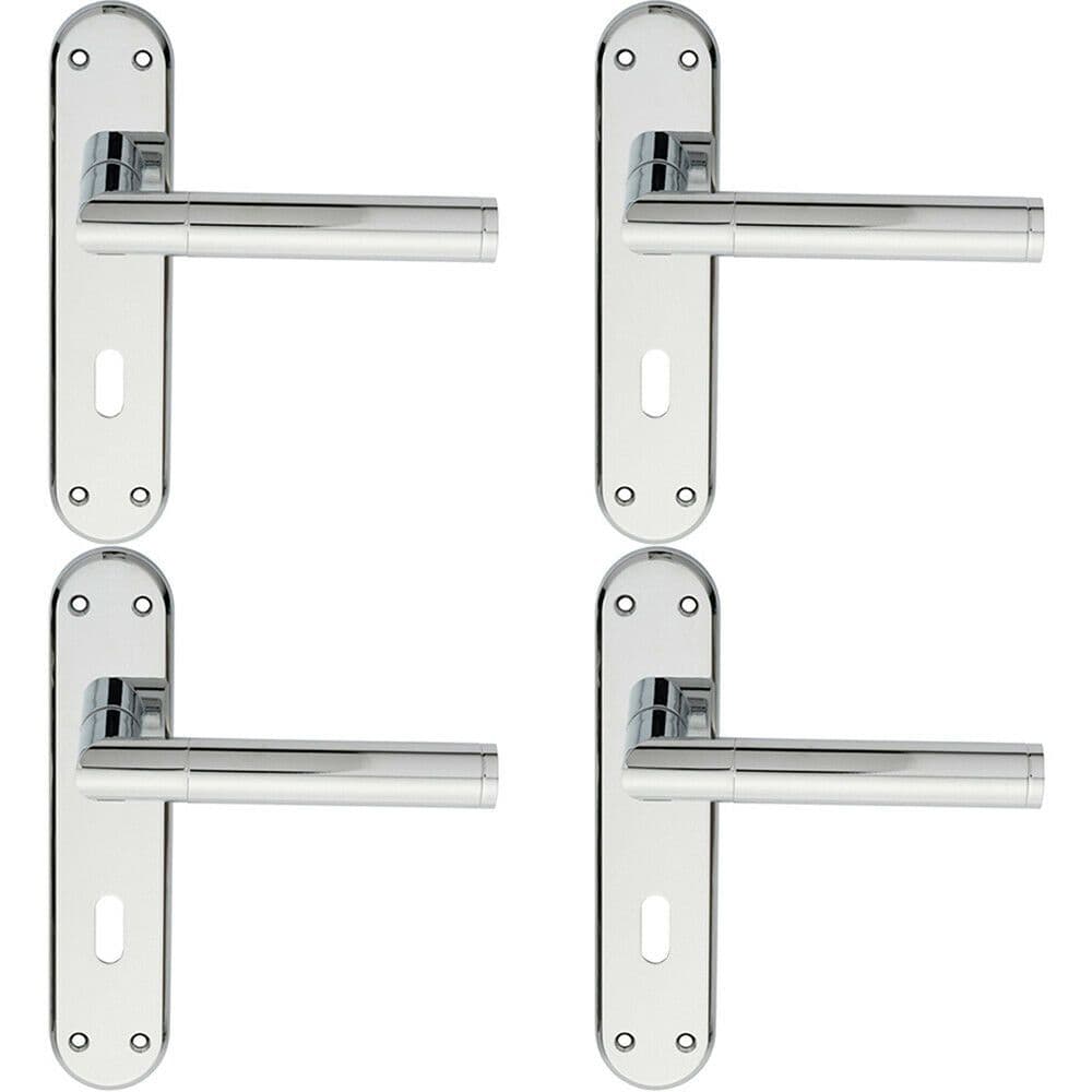 4x Round Bar Lever on Lock Backplate Door Handle 180 x 40mm Polished Chrome