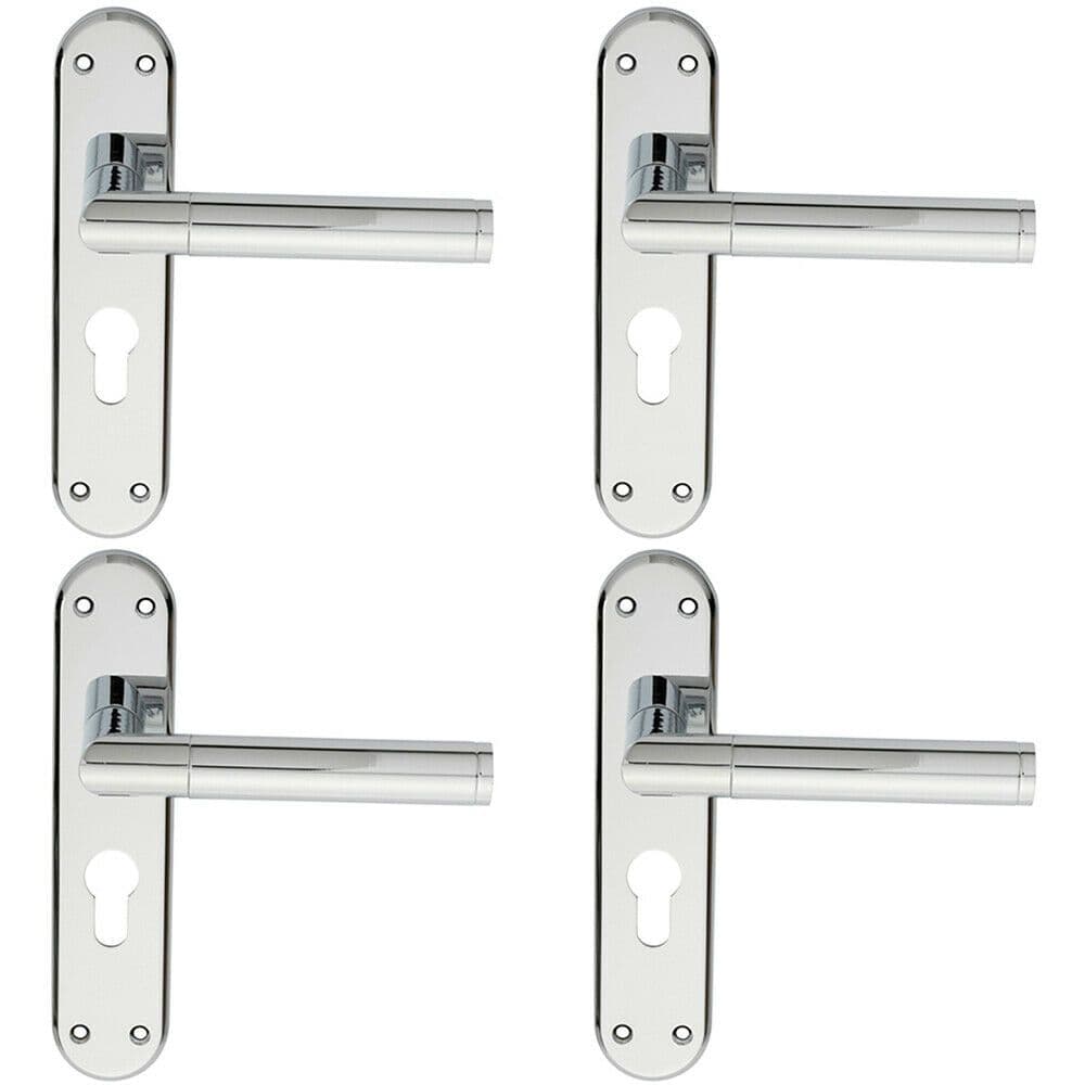 4x Round Bar Lever on Euro Lock Backplate Door Handle 180 x 40mm Polished Chrome