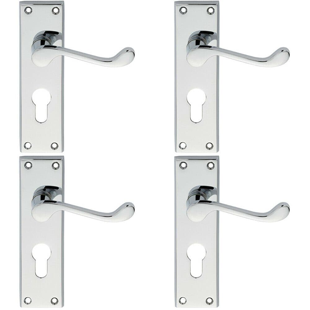 4x PAIR Victorian Scroll Lever on Euro Lock Backplate 150 x 43mm Polished Chrome
