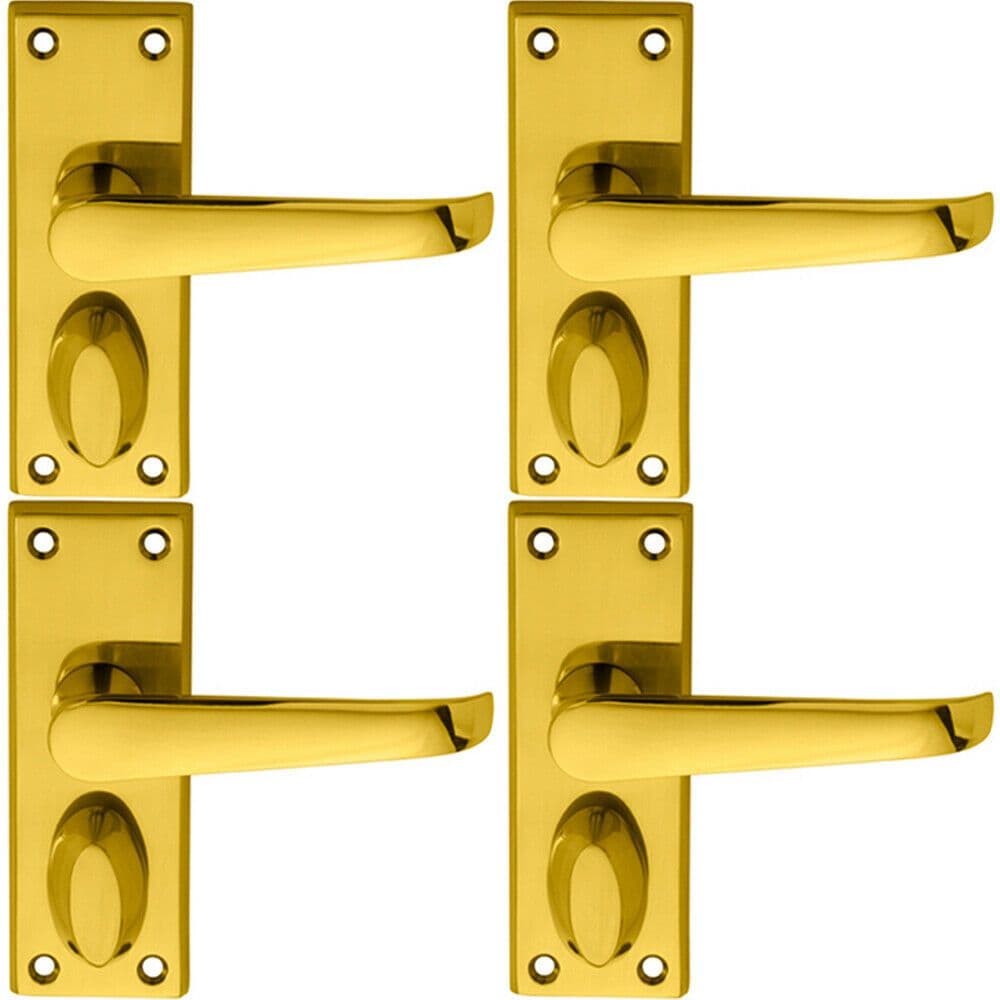4x PAIR Straight Handle on Short Privacy Backplate 118 x 42mm Polished Brass