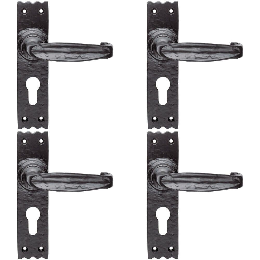 4x PAIR Creased Style Lever on Slim Euro Lock Backplate 156 x 38mm Black Antique