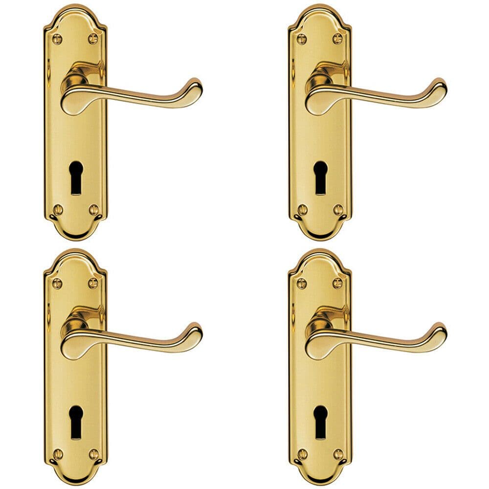 4x PAIR Victorian Upturned Handle on Lock Backplate 168 x 47mm Polished Brass