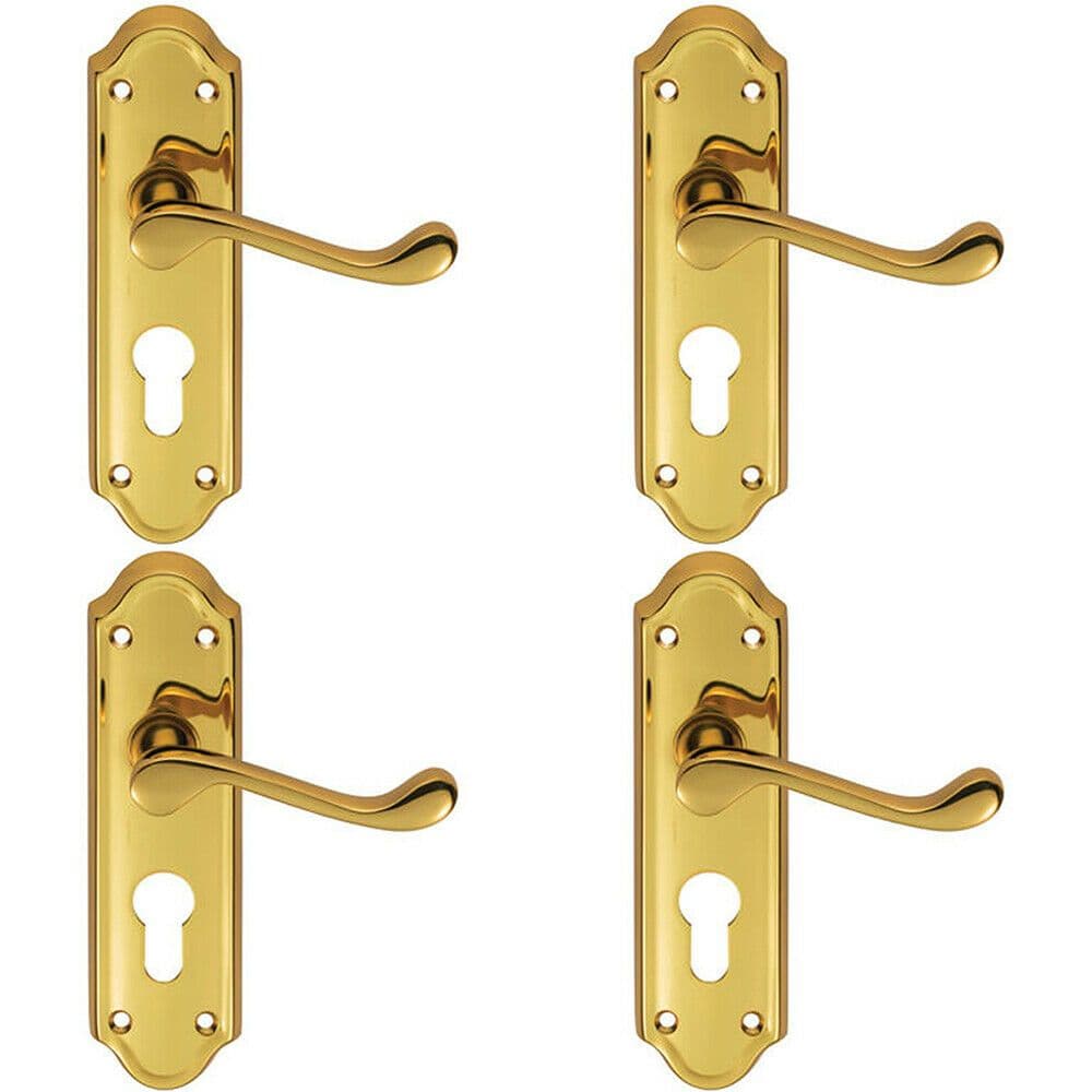 4x PAIR Victorian Upturned Lever on Euro Lock Backplate 168 x 47mm Brass