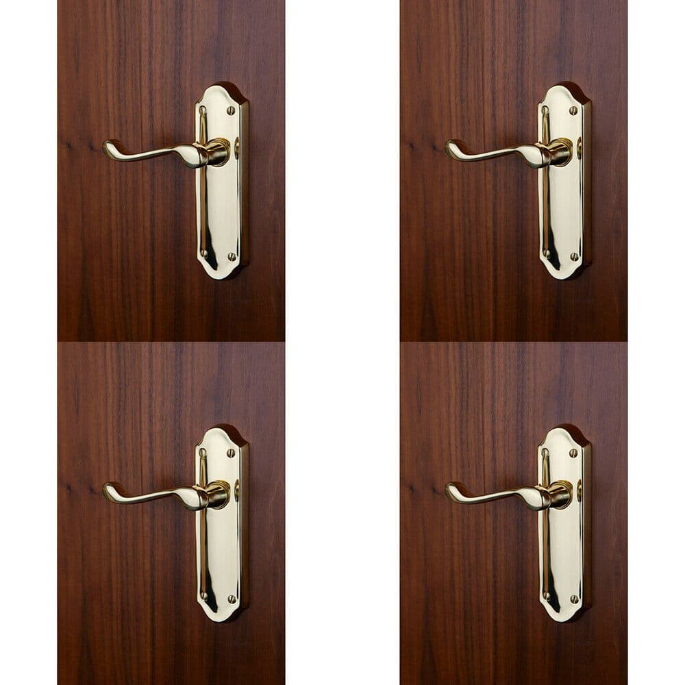 4x PAIR Victorian Upturned Handle on Latch Backplate 168 x 47mm Polished Brass