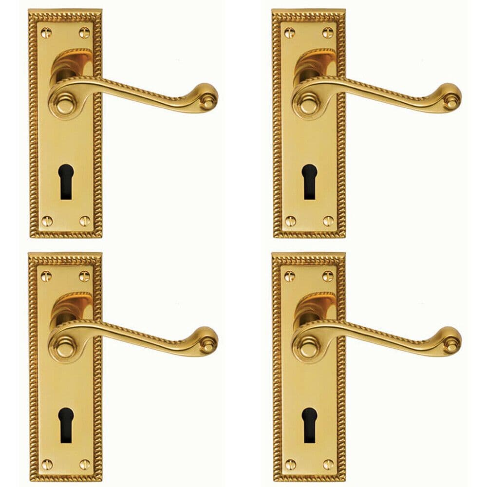 4x PAIR Reeded Design Scroll Handle on Lock Backplate 150 x 48mm Polished Brass