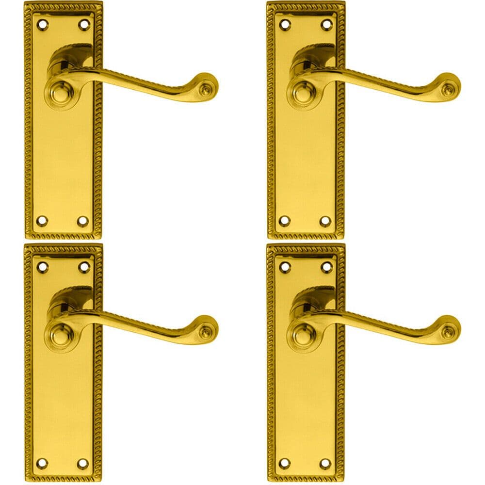 4x PAIR Reeded Design Scroll Lever on Latch Backplate 150 x 48mm Polished Brass