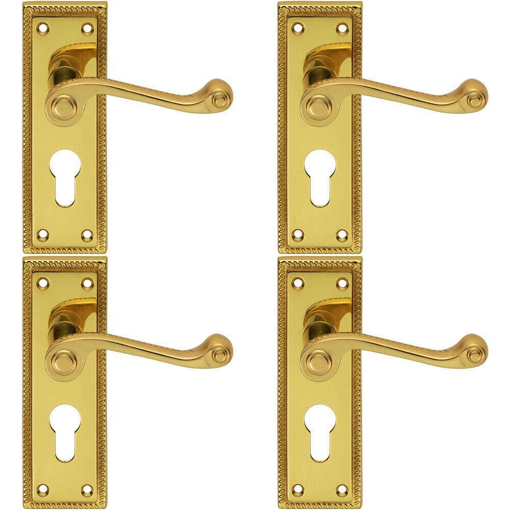 4x PAIR Reeded Design Scroll Lever on Euro Lock Backplate 150 x 48mm Brass