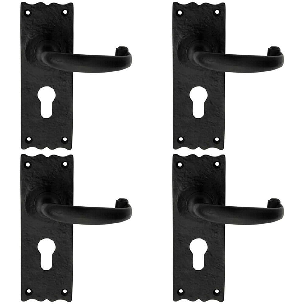 4x PAIR Forged Curved Handle on Euro Lock Backplate 155 x 54mm Antique