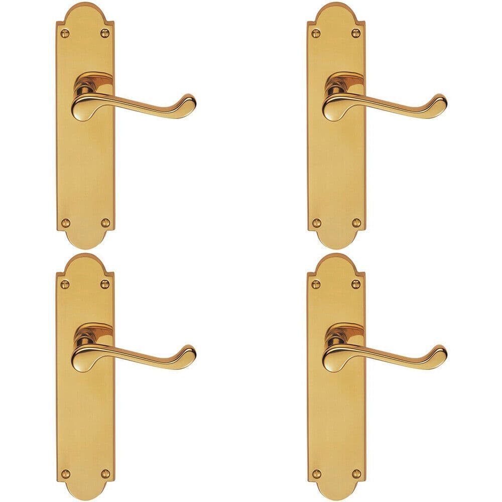 4x PAIR Victorian Scroll Handle on Latch Backplate 205 x 49mm Polished Brass
