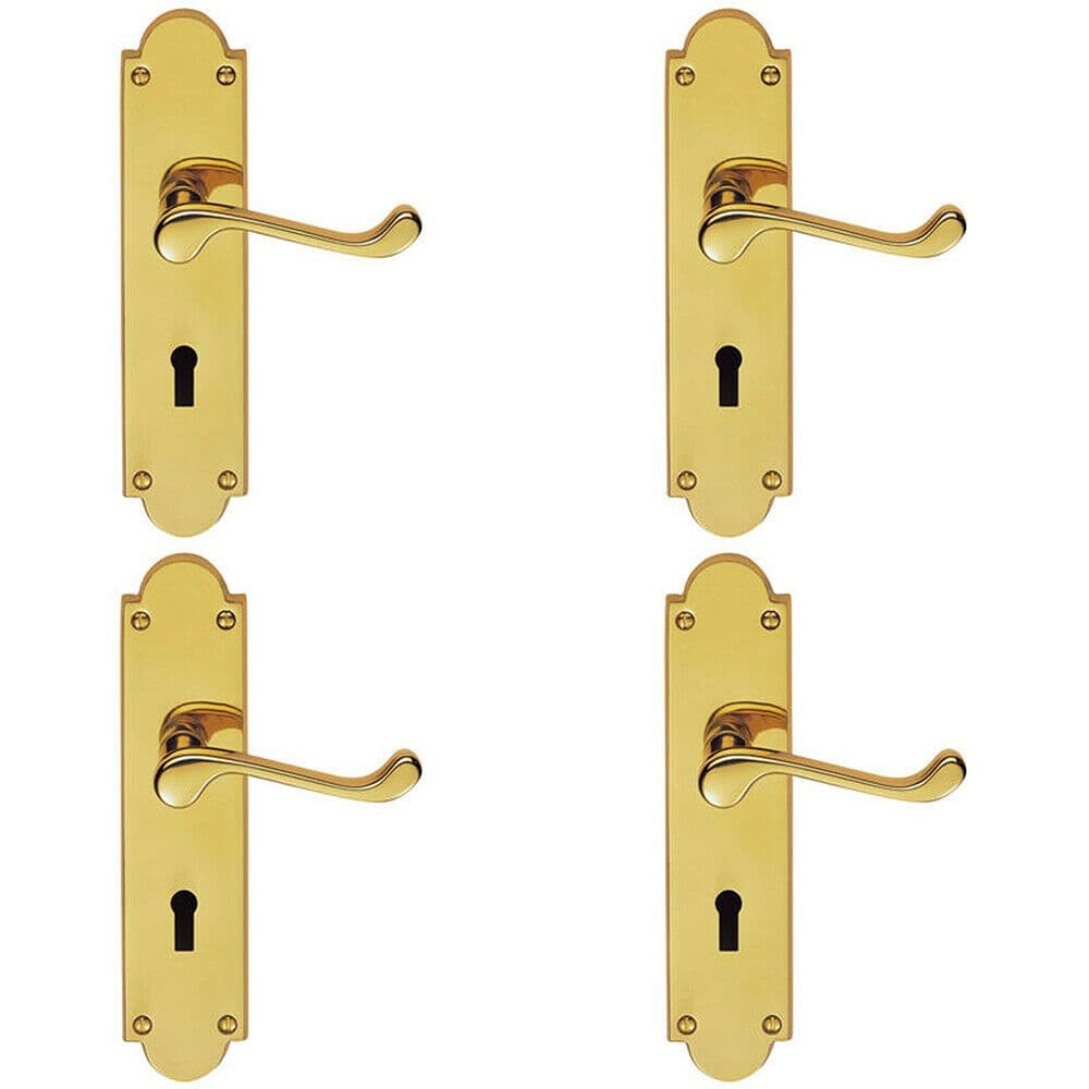 4x PAIR Victorian Scroll Handle on Lock Backplate 205 x 49mm Polished Brass