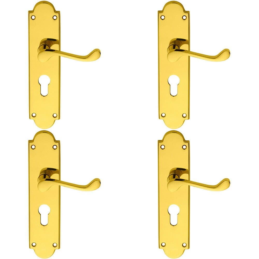 4x PAIR Victorian Scroll Lever on Euro Lock Backplate 205 x 49mm Polished Brass