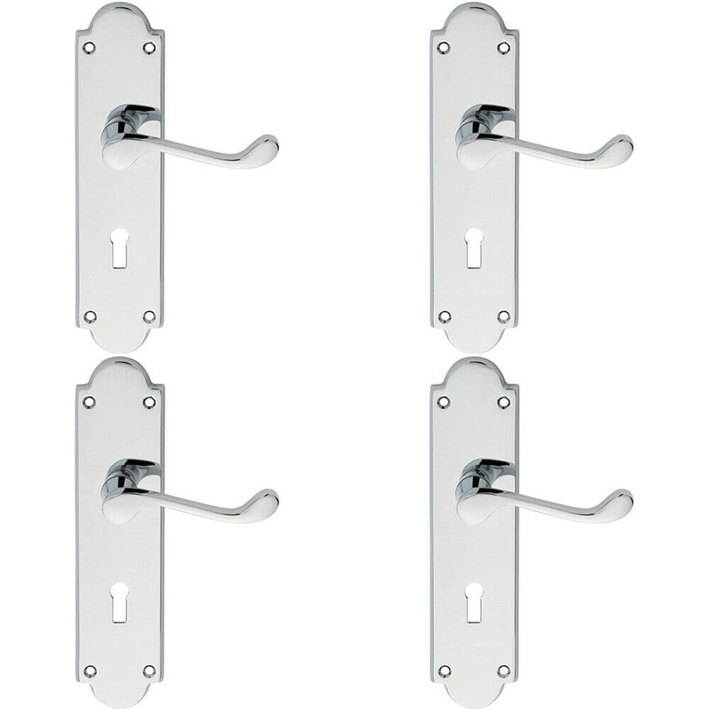 4x PAIR Victorian Scroll Handle on Lock Backplate 205 x 49mm Polished Chrome