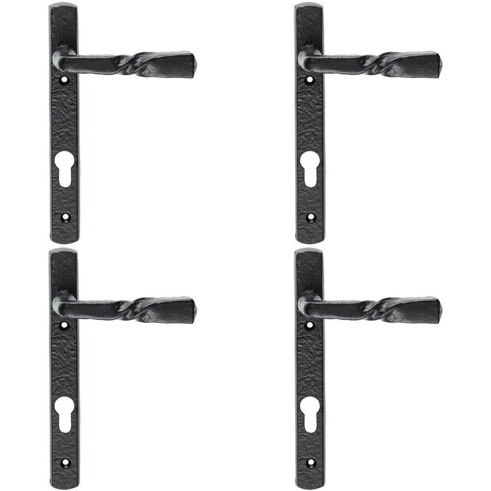 4x PAIR Ornate Twisted Lever on Narrow Euro Backplate 220 x 28mm Antique