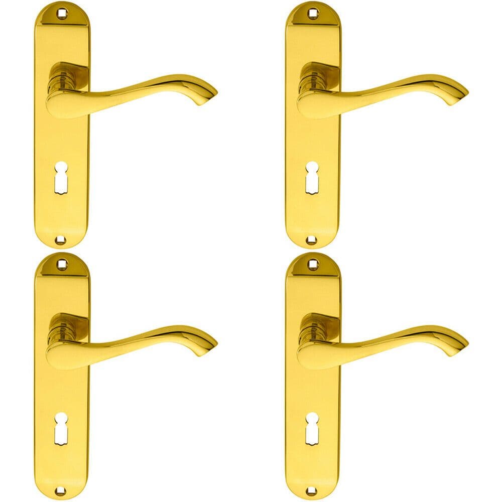 4x PAIR Curved Handle on Chamfered Lock Backplate 180 x 40mm Polished Brass