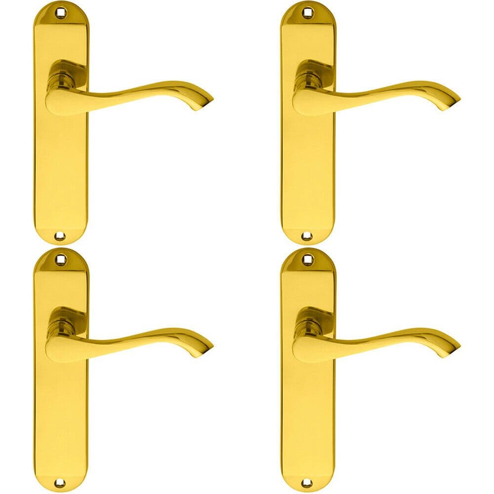 4x PAIR Curved Handle on Chamfered Latch Backplate 180 x 40mm Polished Brass