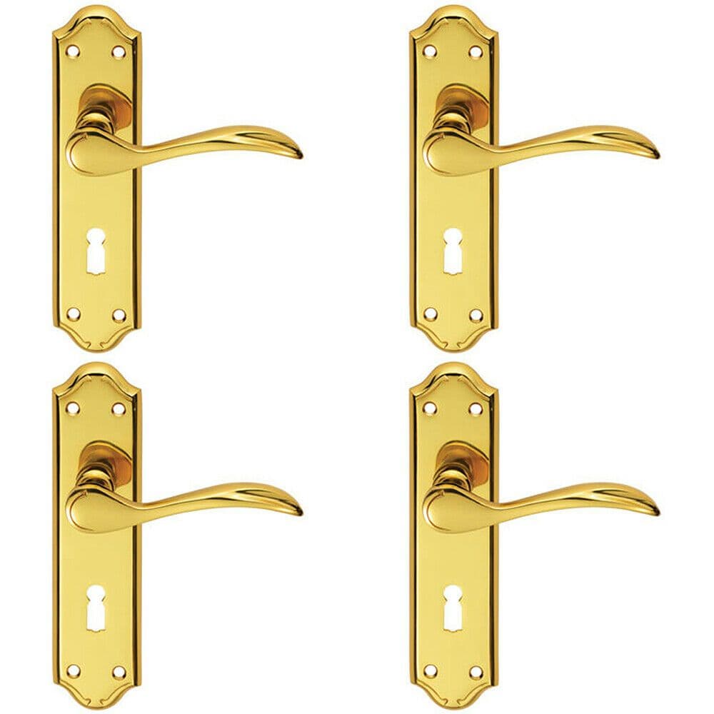 4x PAIR Curved Door Handle Lever on Lock Backplate 180 x 45mm Polished Brass