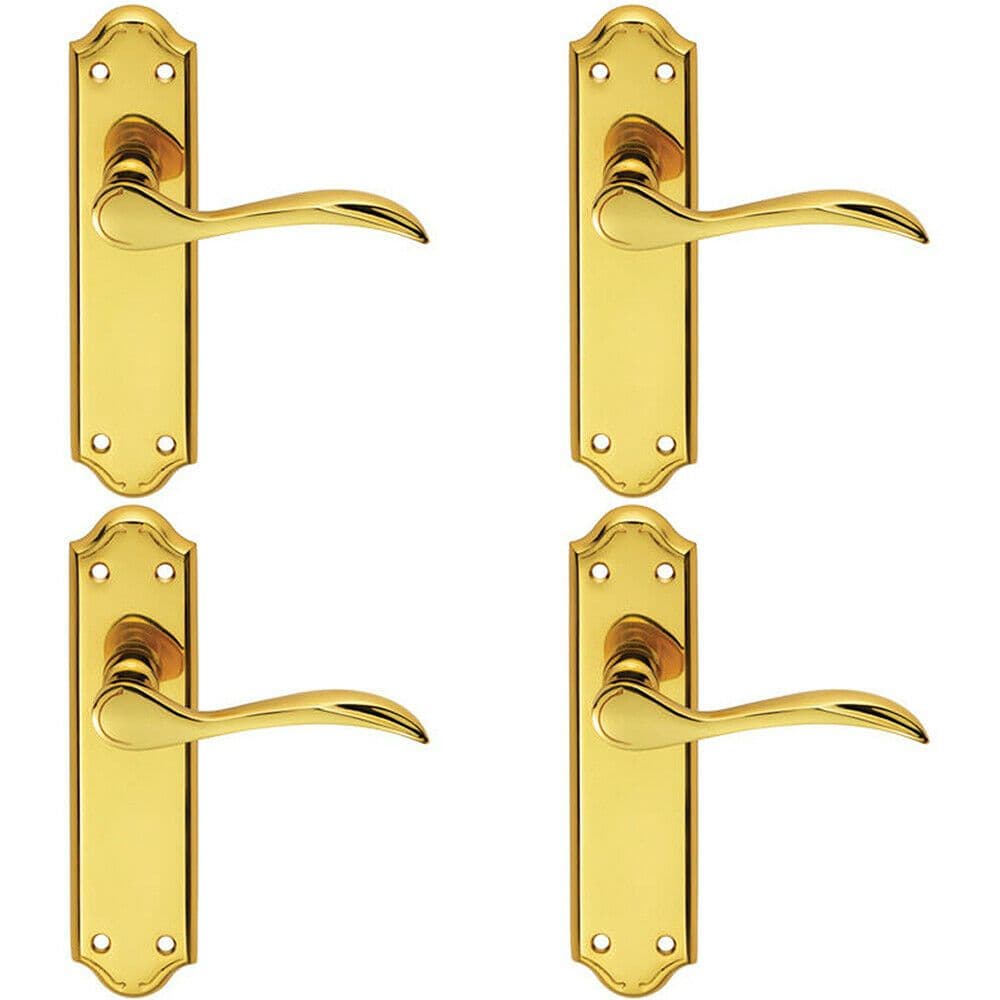 4x PAIR Curved Door Handle Lever on Latch Backplate 180 x 45mm Polished Brass