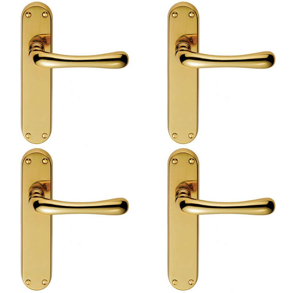 4x PAIR Smooth Rounded Lever on Shaped Latch Backplate 185 x 42mm Polished Brass